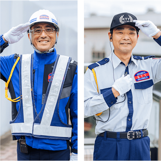 工事現場での交通誘導警備員と、イベント時の雑踏警備員が笑顔で敬礼しています。